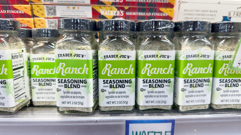 Trader Joe's Ranch Seasoning Blend lined up on a stocked shelf at the store