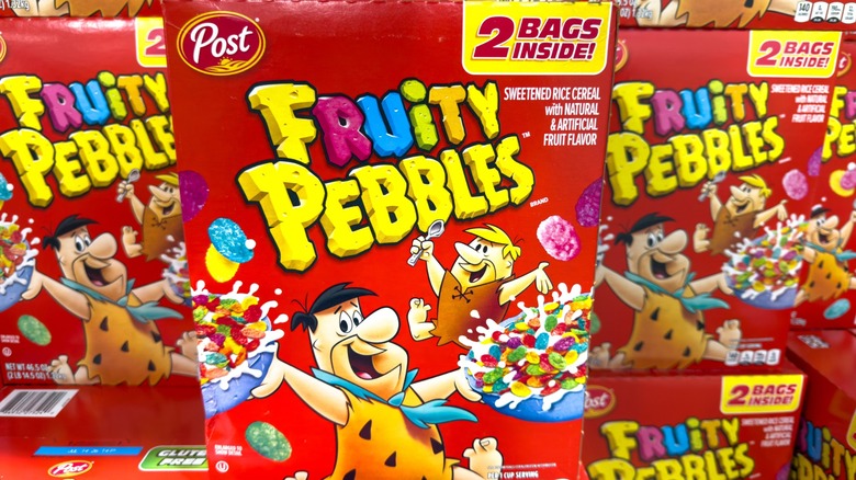 Multiples boxes of Fruity Pebbles cereal stacked