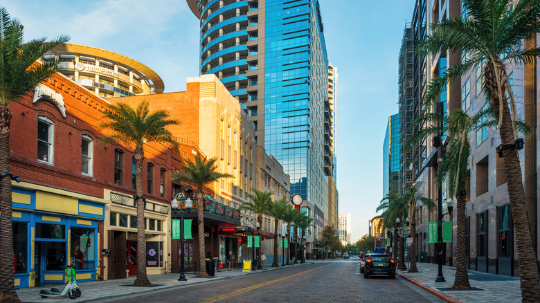 Downtown Orlando with businesses lining each side of the street.