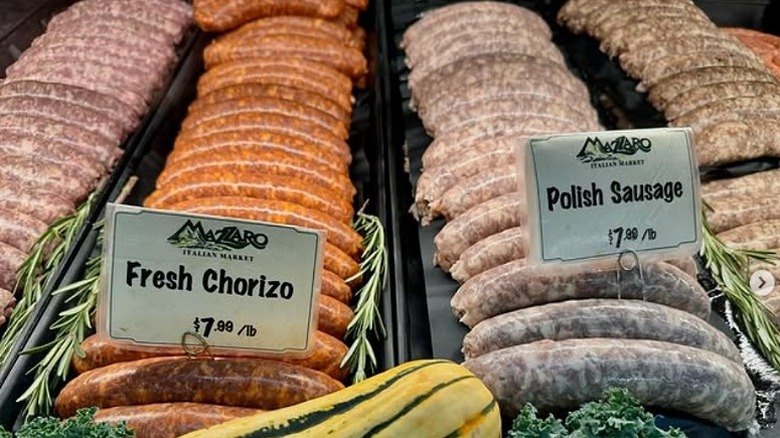 Sausage display in case at Italian market