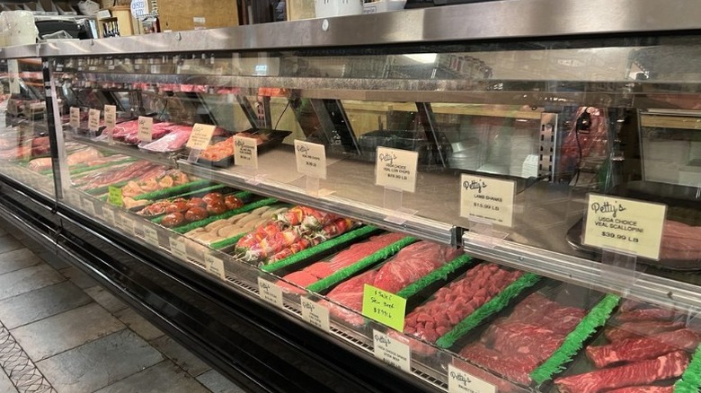 Butcher display case in Petty's Meat Market