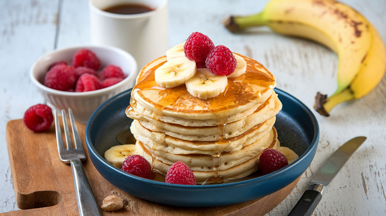 Stack of pancakes with fruit