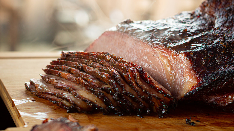 A sliced smoked brisket