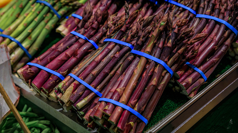 Purple asparagus bunches for sale.