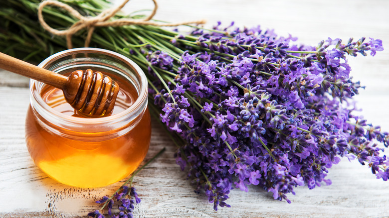 Jar of honey with dipper, next to bundle of lavender