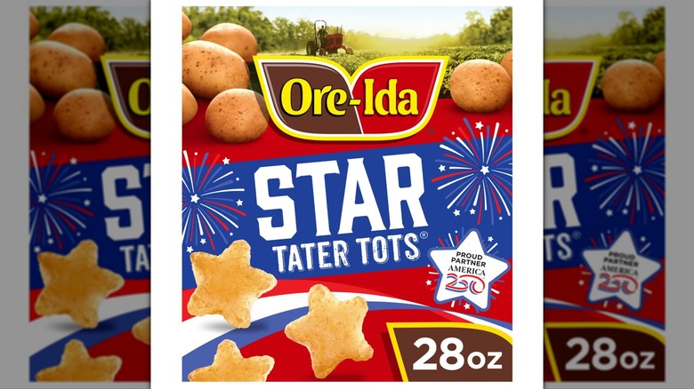 Label for Ore-Ida Star Tater Tots with USA-themed colors