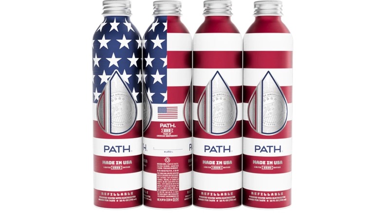 Four patriotic PATH water bottles on white background