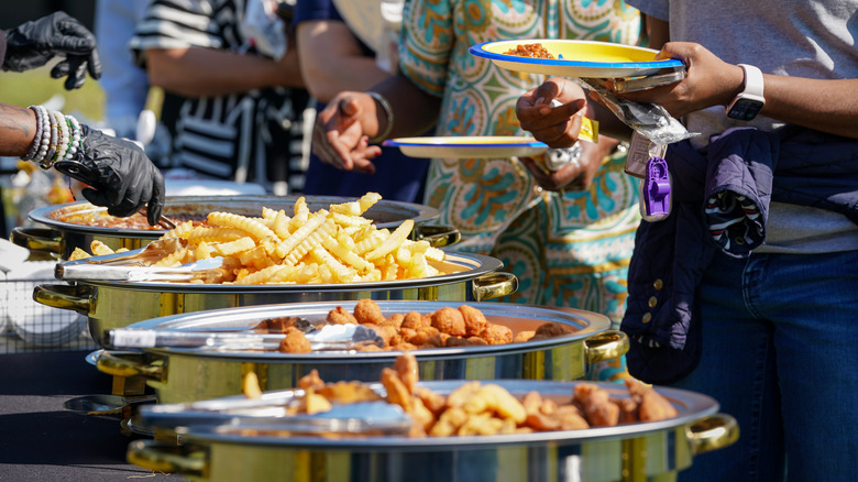 Food on a buffet line at a conference center