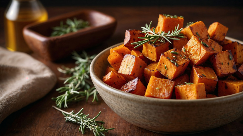 cubed roasted sweet potatoes in a bowl with rosemary