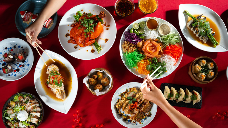 Aerial picture of Chinese Lunar New Year dinner foods