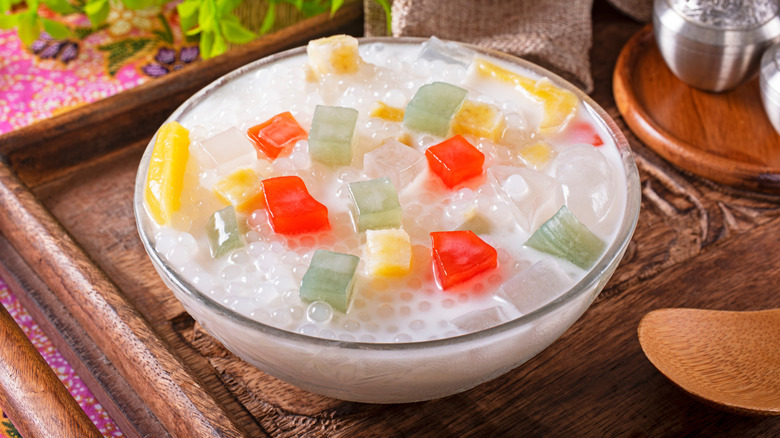 Bubur cha cha in a bowl atop a serving tray