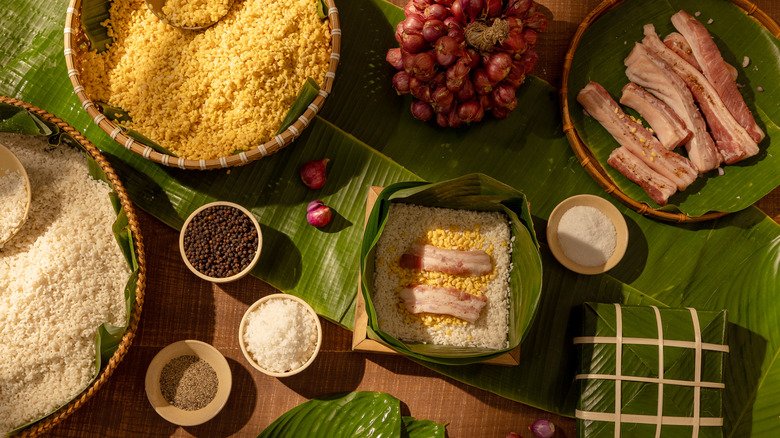 Aerial shot of bánh chung ingredients and bánh chung