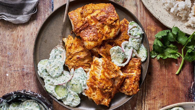 Overview of tandoori cod with cucumber salad