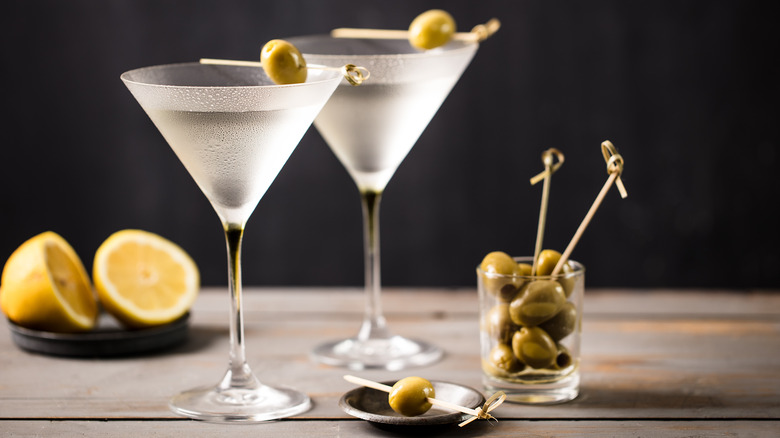 two martinis with garnishes