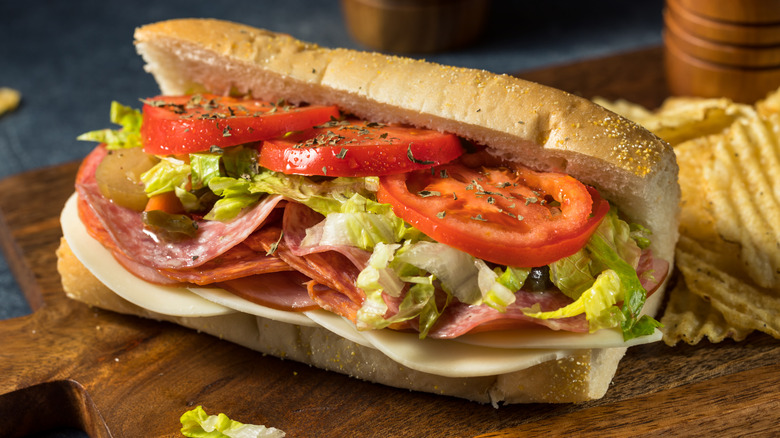 Close-up of a homemade Italian sub sandwich with salami