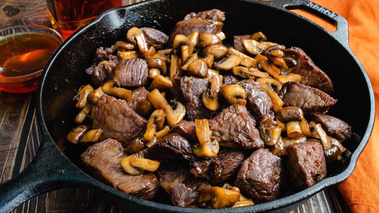 Pan seared steak tips with mushrooms