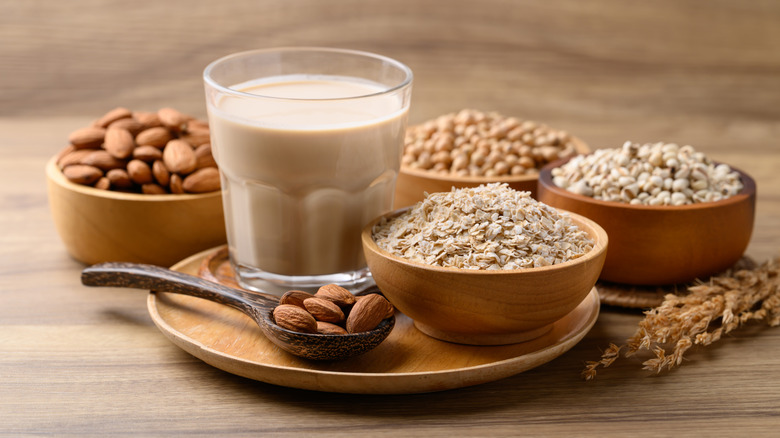 Alternative milk concept surrounded by various nuts and grains