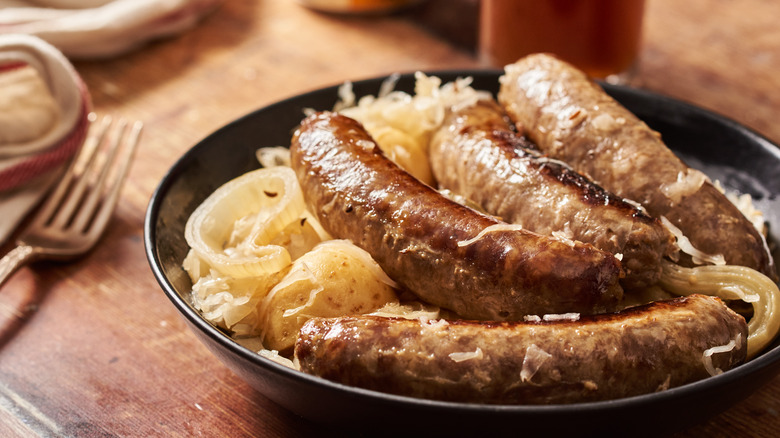 Slow-cooked seared bratwurst on plate