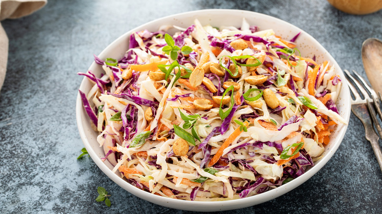 A bright Asian-style pasta salad with lots of colorful chopped vegetables