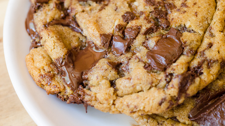close up of gooey chocolate chip cookies