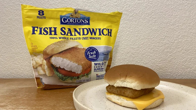 Gorton's Fish Sandwich Breaded Fillet on sandwich on white plate in front of bag