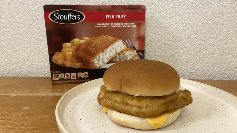 Stouffer's Fish Filet with Macaroni and Cheese with fish sandwich in front of box