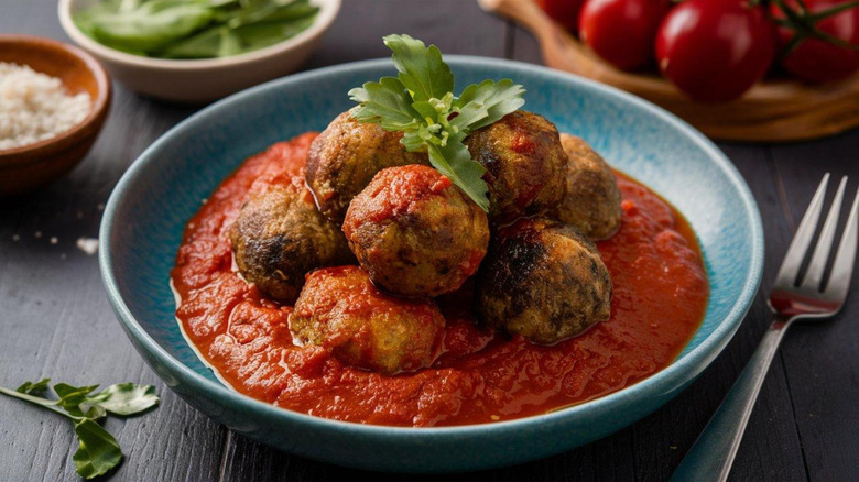 A plate of meatballs and tomato sauce
