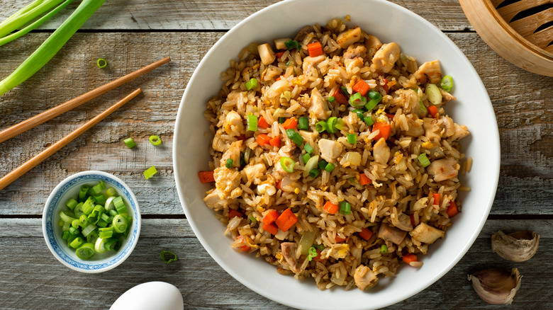 Fried rice in a bowl with green onions