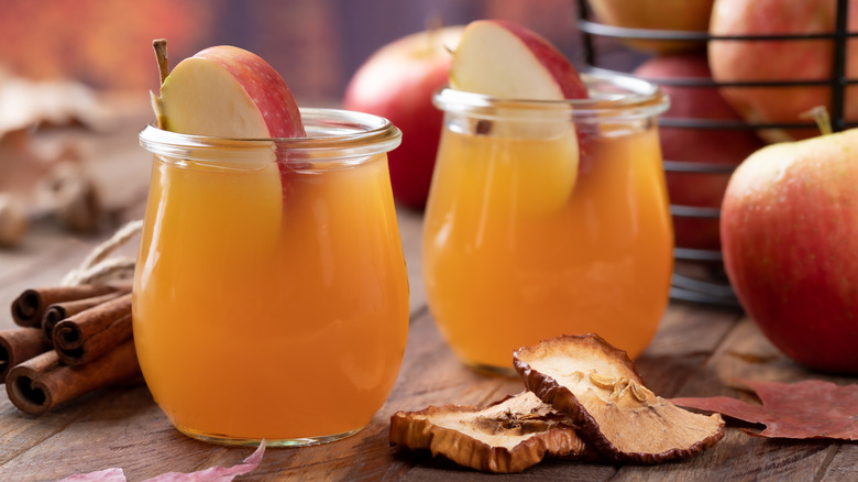 Two glass jars of apple cider garnished with whole apple slices