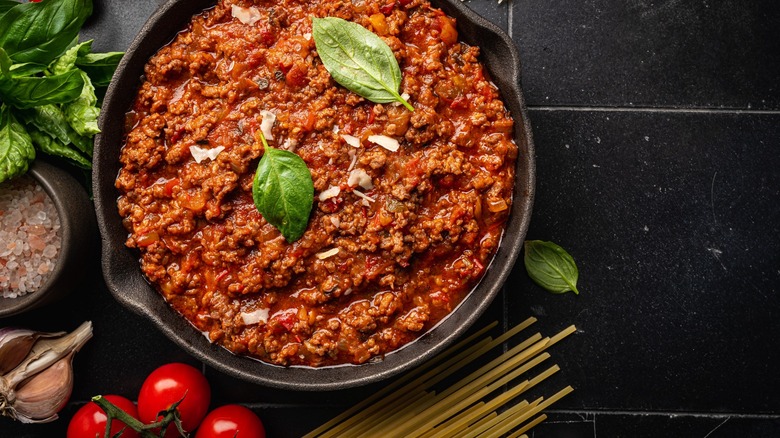 spaghetti sauce in a pan