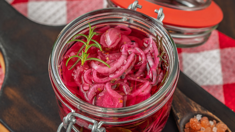 Pickled onions in a mason jar