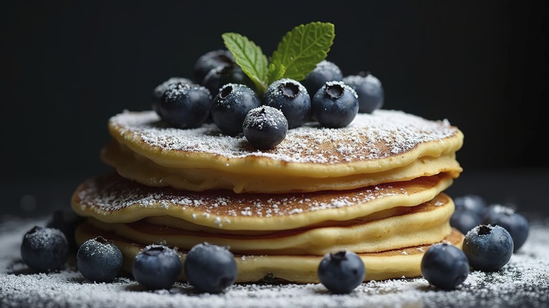 A stack of blueberry pancakes garnished with mint and powdered sugar