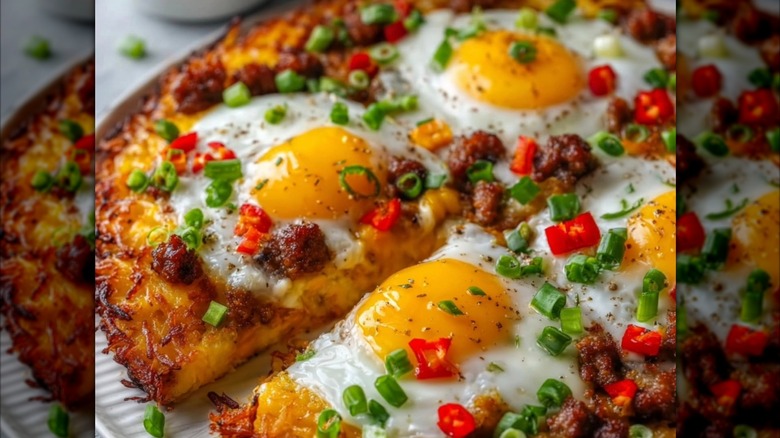 Close-up of a potato crust pizza with egg and bacon on top