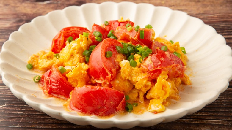 Chinese tomato egg stir fry in dish