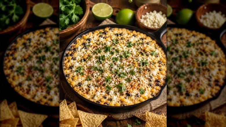 Skillet of street corn dip with chips, bowls of toppings