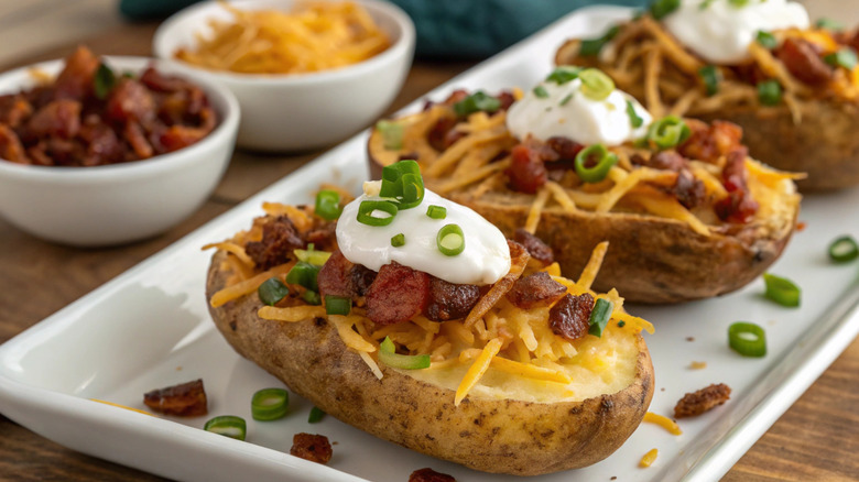 Twice-baked potatoes green onions, bacon, and cheese