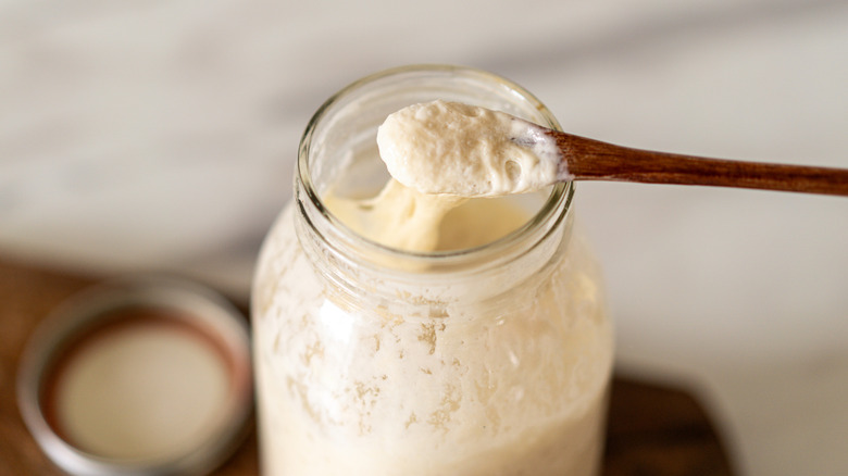 Spoon pulling sourdough starter from jar