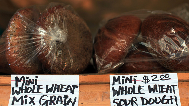 Whole grain sourdough loaves at the market