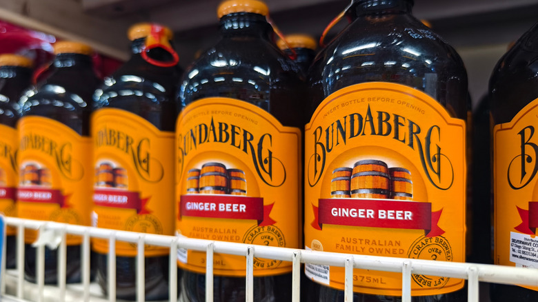 Multiple bottles of Bundaberg giner beer arranged on a store shelf
