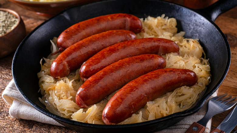 Kielbasa and cabbage in cast iron skillet