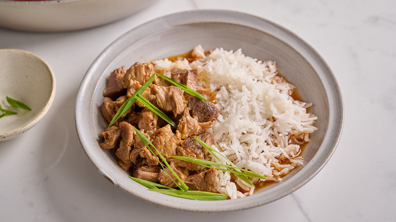 A bowl of braised pork on rice