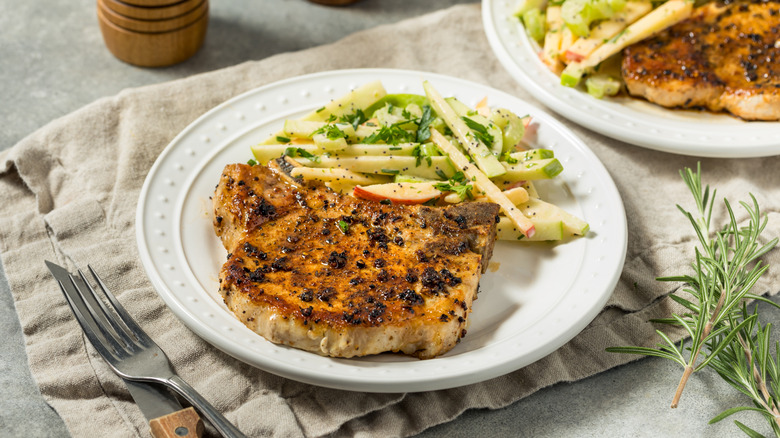 Grilled pork chops and apple slaw