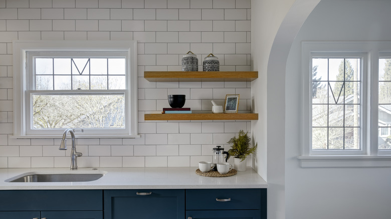 minimalist kitchen without window treatments