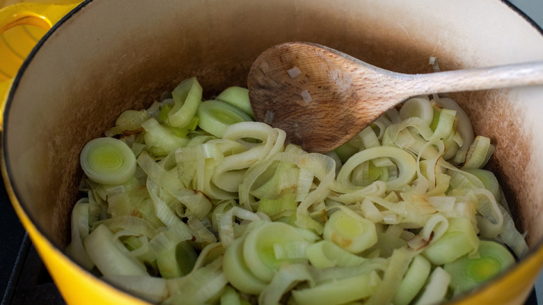 top view of leeks being braised