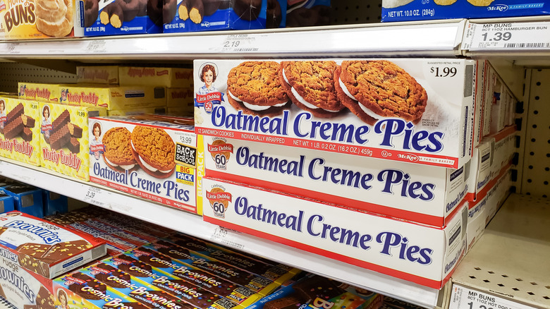 Little Debbie oatmeal creme pies on the grocery store shelves