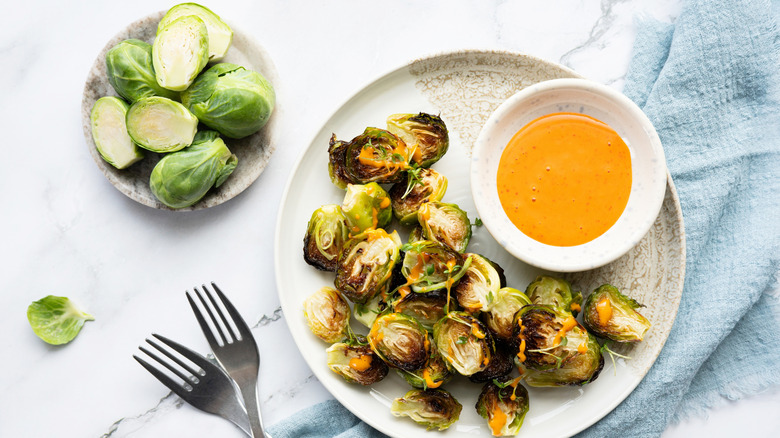 caramelized Brussels sprouts with dipping sauce