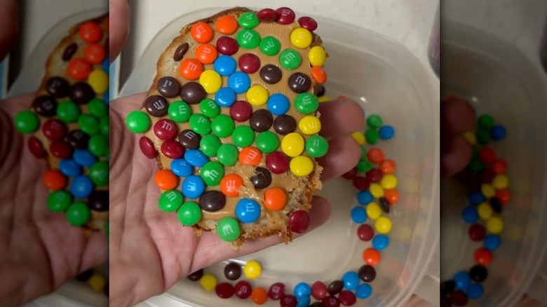 Banana bread with peanut butter bread with M&M's on it