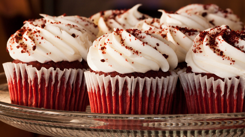Red velvet cupcakes on tray