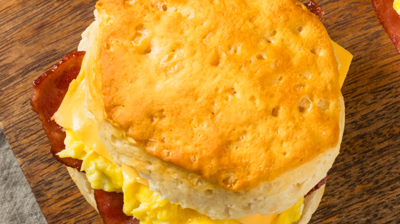 top view of a biscuit bacon egg and cheese sandwich