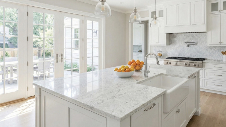 Arctic white quartzite countertop with bowl of oranges, in a white kitchen with large windows
